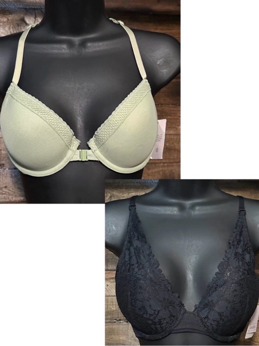 Auden Front-Closure Light Olive T-Shirt Bra & Black Lace Plunge Bra